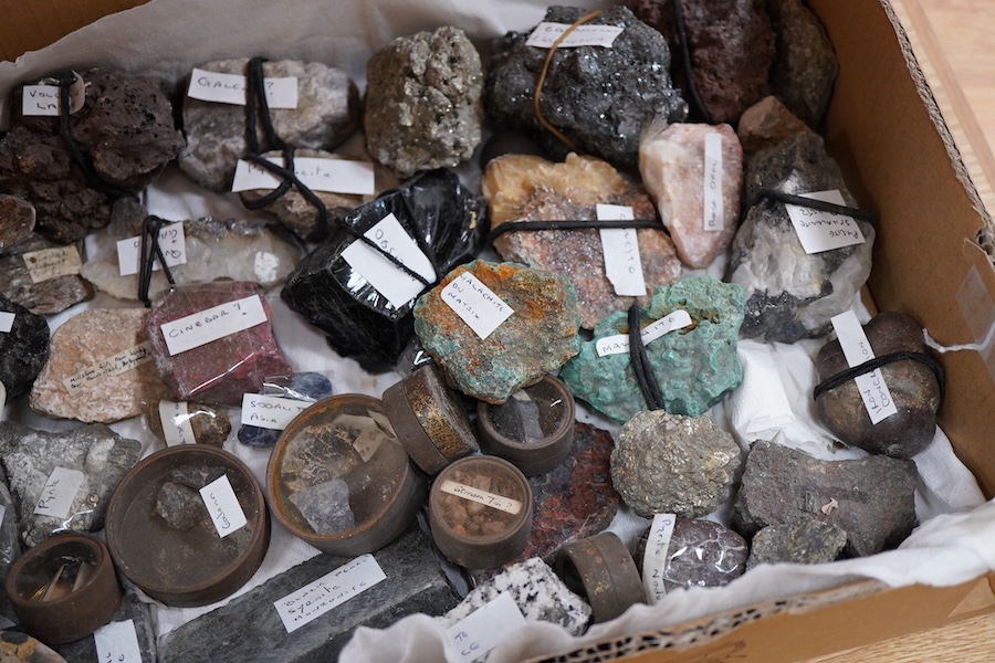 A collection of mineral samples, many with labels, together with two pocket reference books, part of the collection contained within an ebonised pine box; 32 x 18.5 x 19.5cm